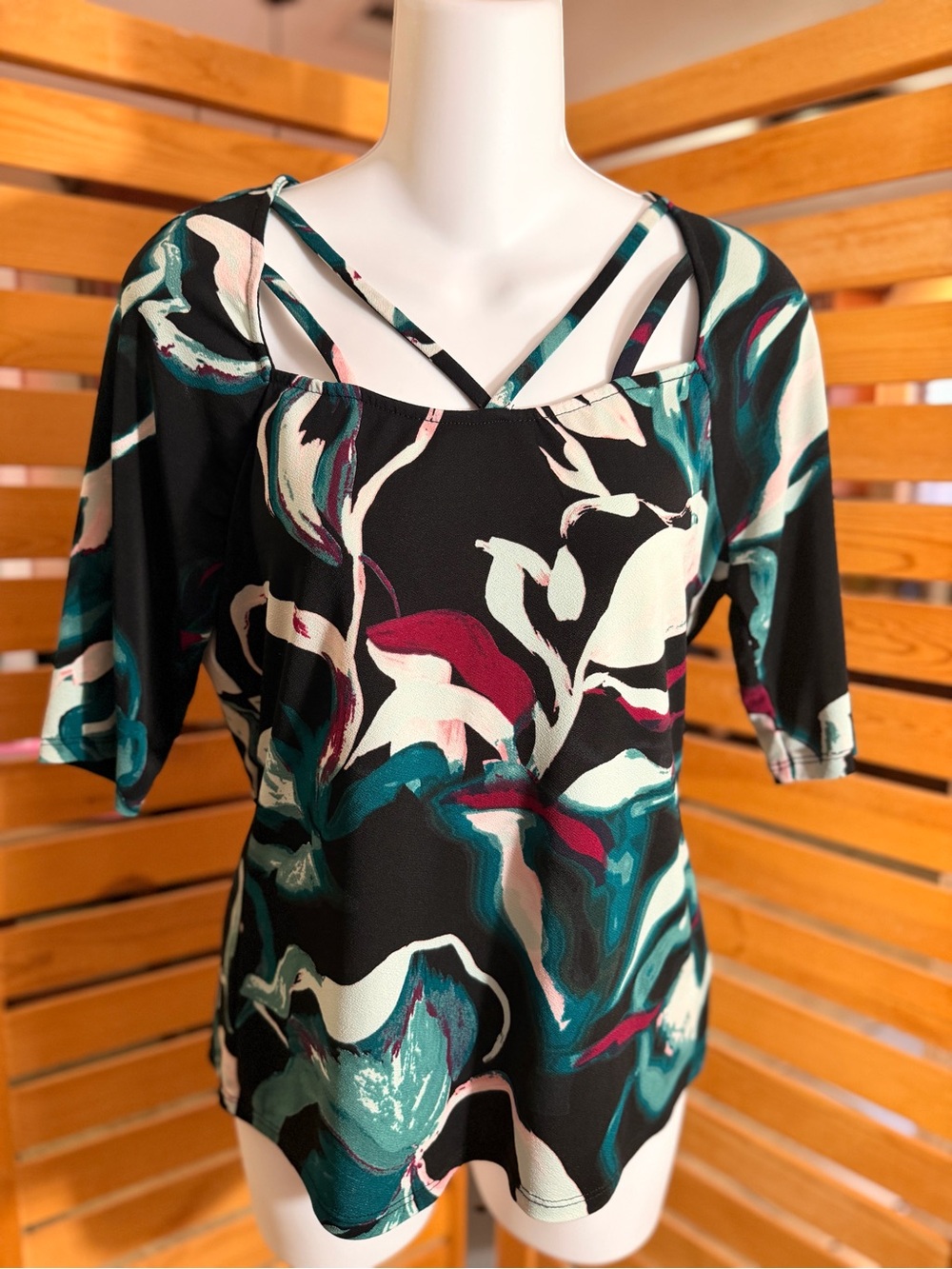 Black Floral-Print Strappy Cold-Shoulder Women's Top